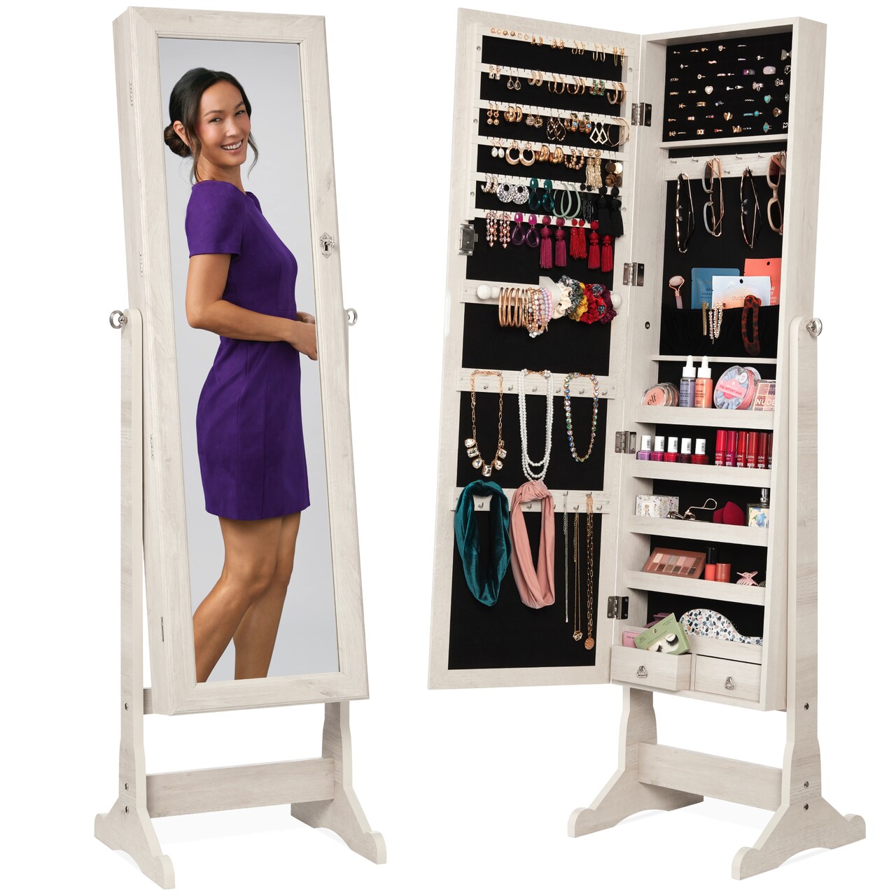 Best Choice Products Jewelry Armoire Cabinet, Full Length Mirror w/ Velvet Storage Interior, Lock